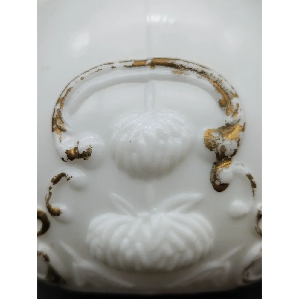 Set Of 2 Antique Milk Glass Vanity Bottles With Stoppers Gold Trim